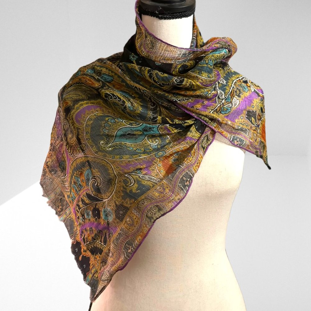 ETRO SCARF • DESIGNER • SILK + LINEN • PAISLEY PRINT • FRINGE BORDER • NWT •
